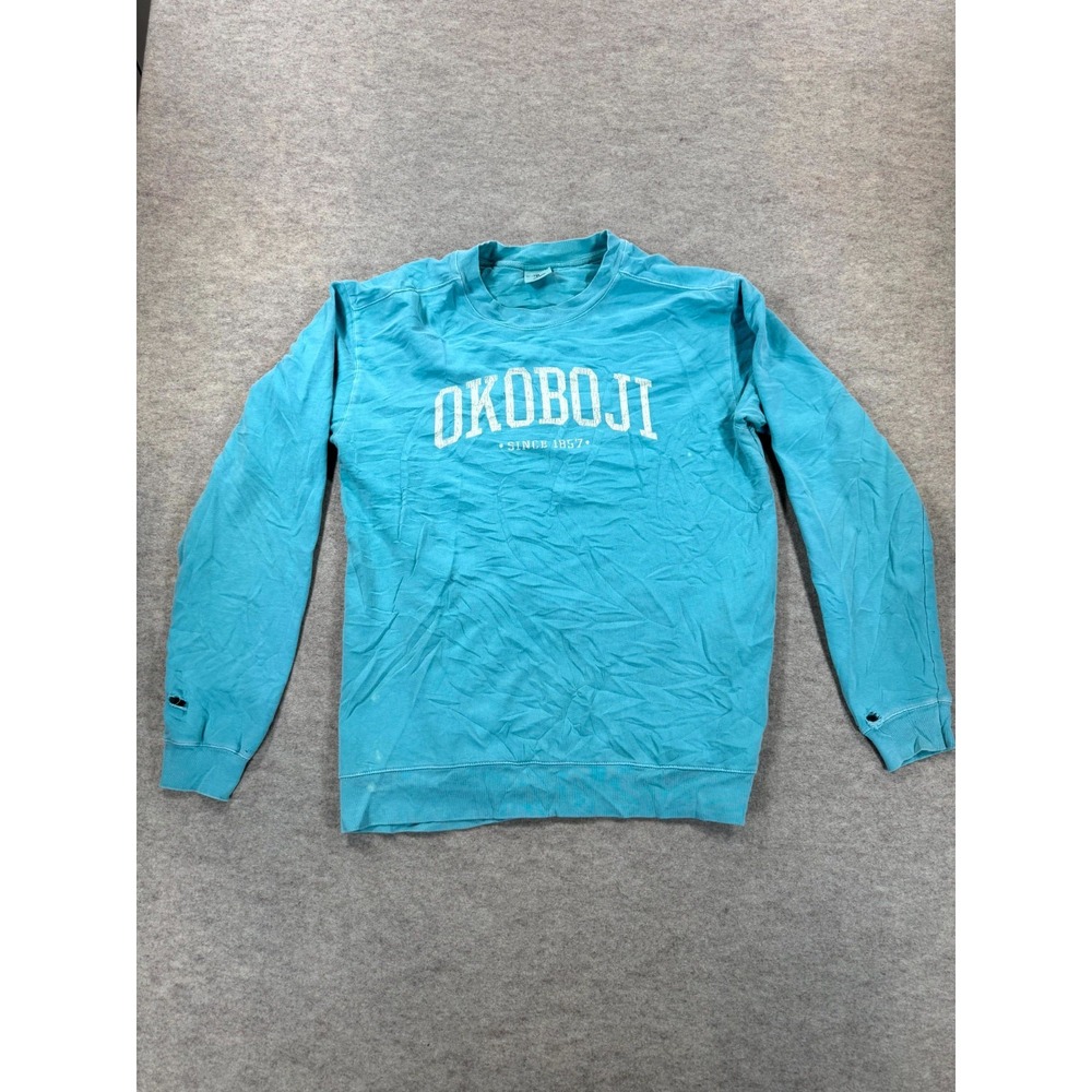 Blue 84 Sweatshirt Mens Medium Aqua Blue Okoboji Graphic Cozy Warm Crew Neck